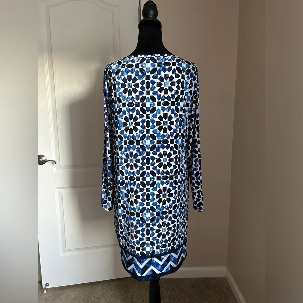 Michael Kors Petite Geometric Long Sleeve Sheath blue white black LP